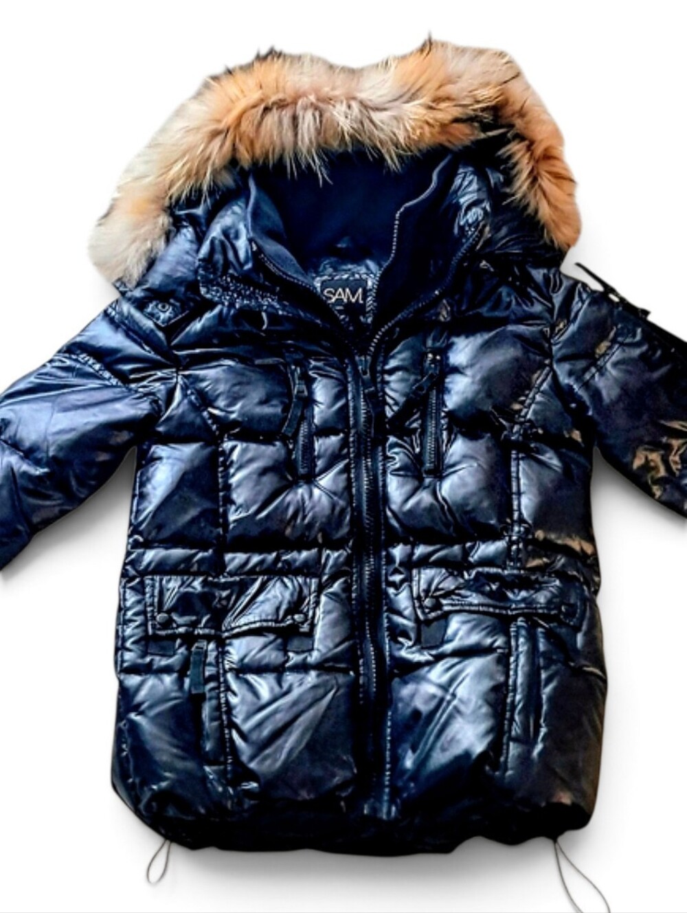 SAM. New York Down Filled Parka Puffer Jacket Jet Black Fur Trim Hood, See Meas.